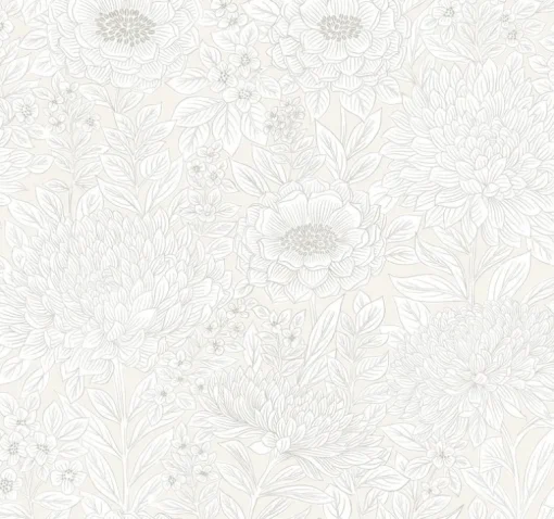 Black & White Resource Library Wood Block Blooms Wallpaper - Cream
