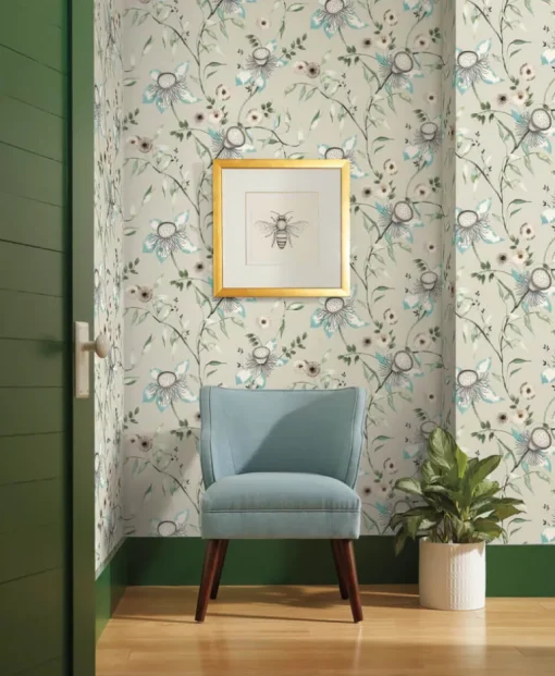 Blooms Second Edition Dream Blossom Wallpaper - Taupe & Aqua