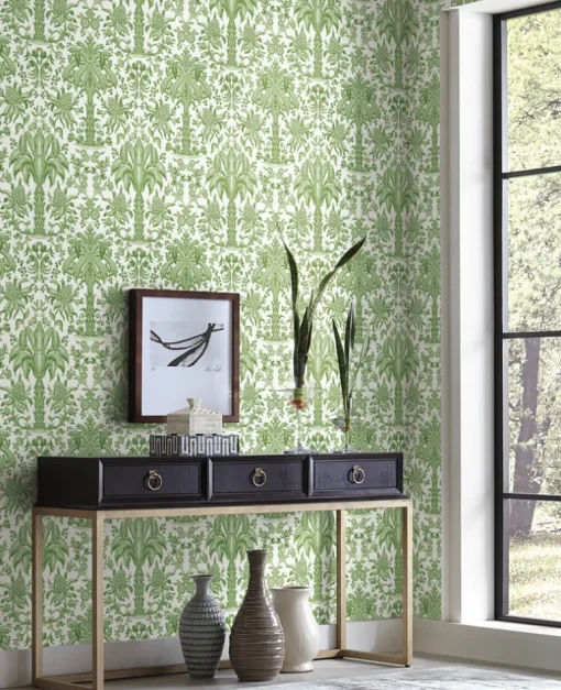 Damask Resource Library Palmetto Palm Damask Wallpaper - Green