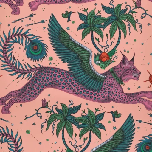 Emma J Shipley Wilderie Lynx Wallpaper - Coral