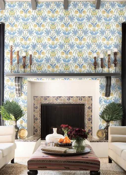 Mediterranean Seaside Jacobean Wallpaper - Blue