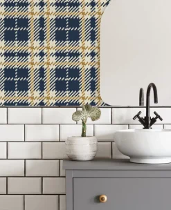 Mitchell Black Co-Ed Clark Plaid Wallpaper - Navy Gold Coast