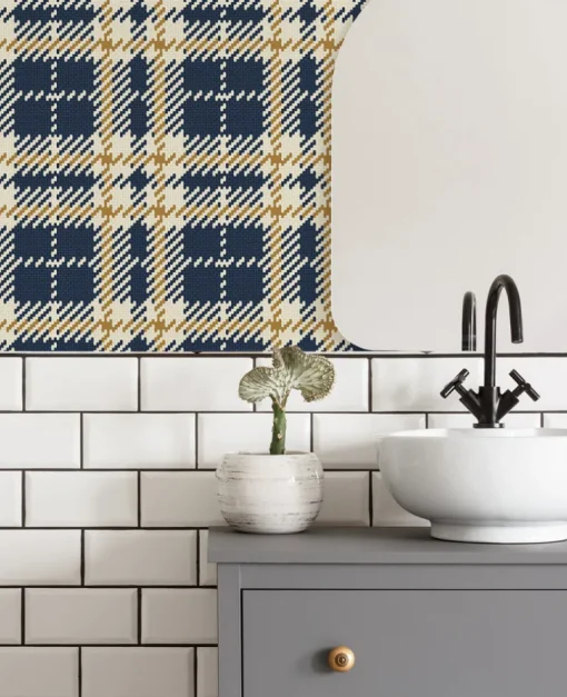 Mitchell Black Co-Ed Clark Plaid Wallpaper - Navy Gold Coast