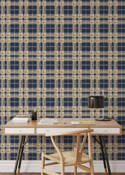 Mitchell Black Co-Ed Clark Plaid Wallpaper - Navy Gold Coast