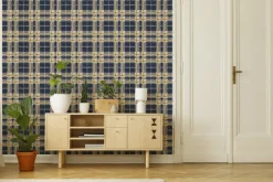 Mitchell Black Co-Ed Clark Plaid Wallpaper - Navy Gold Coast