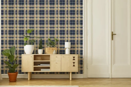 Mitchell Black Co-Ed Clark Plaid Wallpaper - Navy Gold Coast