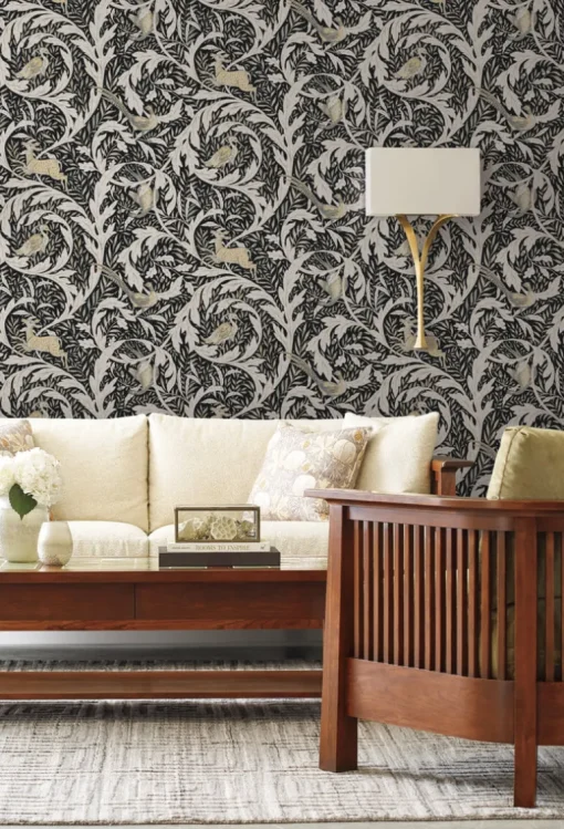 Ronald Redding Arts & Crafts Woodland Tapestry Wallpaper - Black