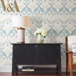 Ronald Redding Arts & Crafts Pine Cone Ribbon Wallpaper - Teal
