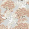 Ronald Redding Tea Garden Sprig & Heron Wallpaper - Coral