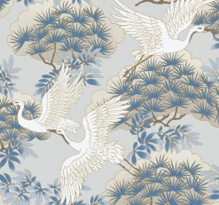 Ronald Redding Tea Garden Sprig & Heron Wallpaper - Light Blue