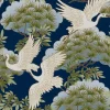 Ronald Redding Tea Garden Sprig & Heron Wallpaper - Navy