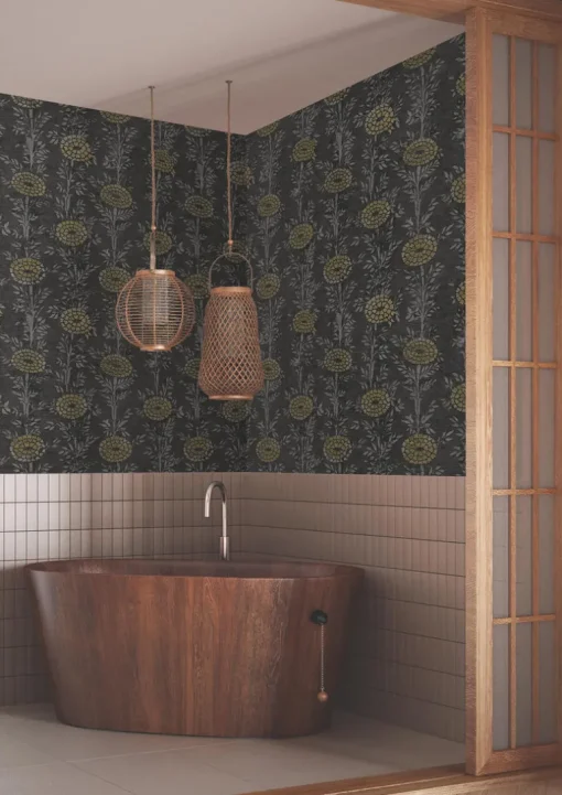 Ronald Redding Tea Garden French Marigold Wallpaper - Black & Gold