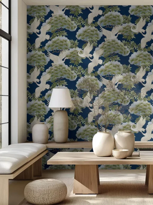 Ronald Redding Tea Garden Sprig & Heron Wallpaper - Navy