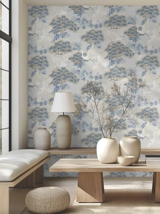 Ronald Redding Tea Garden Sprig & Heron Wallpaper - Light Blue