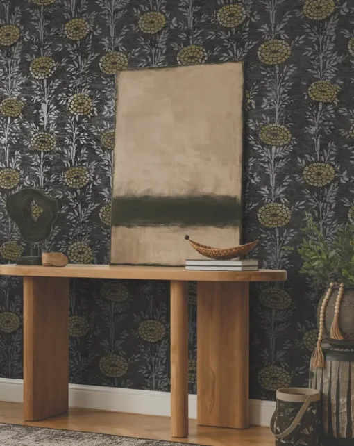 Ronald Redding Tea Garden French Marigold Wallpaper - Black & Gold