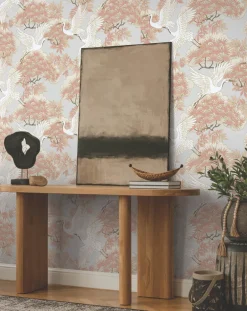 Ronald Redding Tea Garden Sprig & Heron Wallpaper - Coral