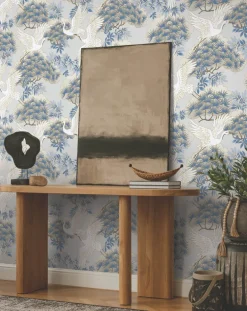 Ronald Redding Tea Garden Sprig & Heron Wallpaper - Light Blue