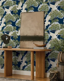 Ronald Redding Tea Garden Sprig & Heron Wallpaper - Navy