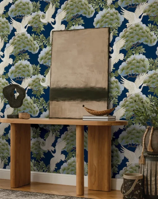 Ronald Redding Tea Garden Sprig & Heron Wallpaper - Navy