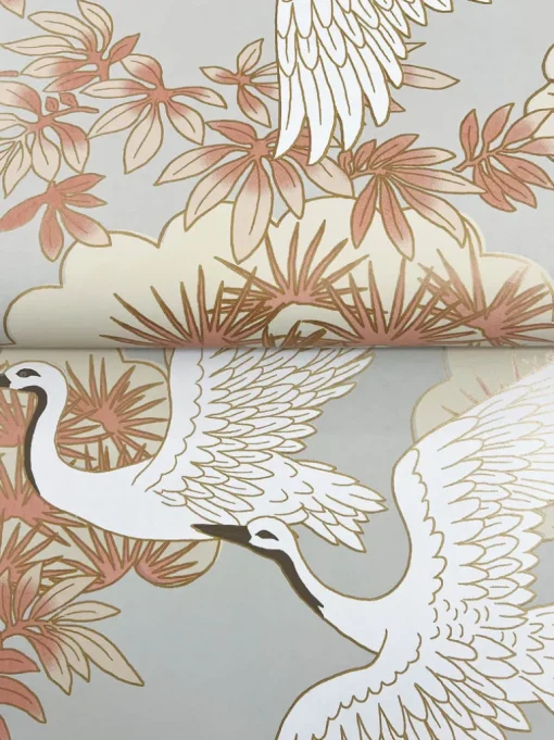 Ronald Redding Tea Garden Sprig & Heron Wallpaper - Coral