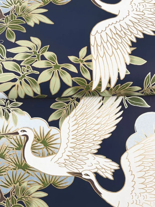 Ronald Redding Tea Garden Sprig & Heron Wallpaper - Navy
