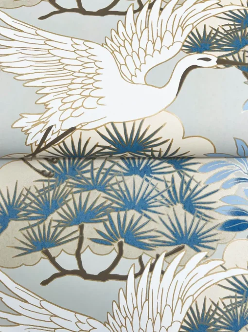 Ronald Redding Tea Garden Sprig & Heron Wallpaper - Light Blue