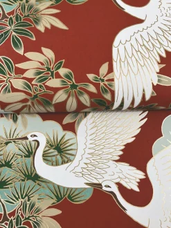 Ronald Redding Tea Garden Sprig & Heron Wallpaper - Red