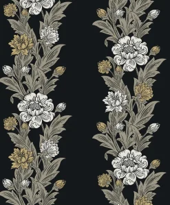 Seabrook Legacy Prints Blooming Stripe Wallpaper - Ebony & Goldenrod