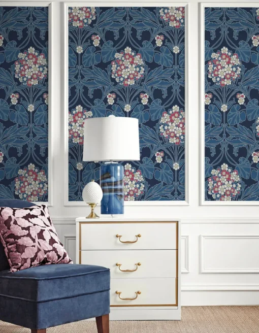 Seabrook Legacy Prints Floral Hydrangea Wallpaper - Naval Blue & Raspberry