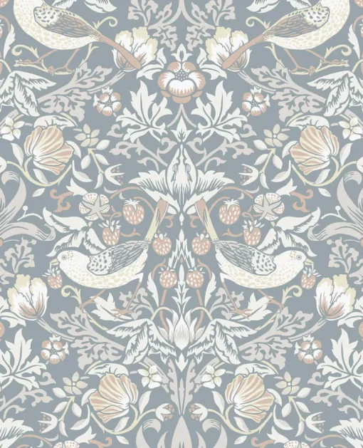 Seabrook Legacy Prints Fragaria Garden Wallpaper - Blue Mist & Blush