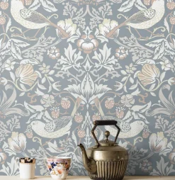 Seabrook Legacy Prints Fragaria Garden Wallpaper - Blue Mist & Blush