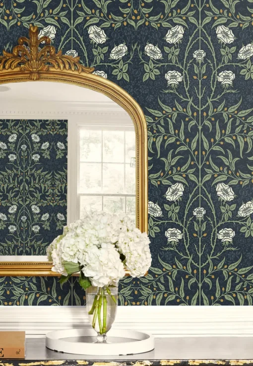 Seabrook Stenciled Floral Wallpaper - Navy Blue & Sage