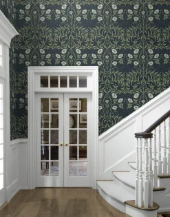 Seabrook Stenciled Floral Wallpaper - Navy Blue & Sage