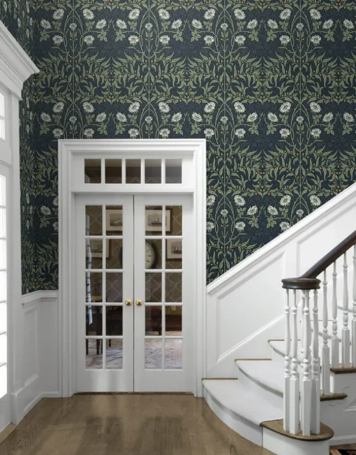 Seabrook Stenciled Floral Wallpaper - Navy Blue & Sage