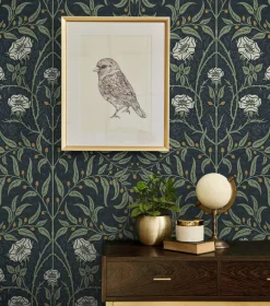 Seabrook Stenciled Floral Wallpaper - Navy Blue & Sage