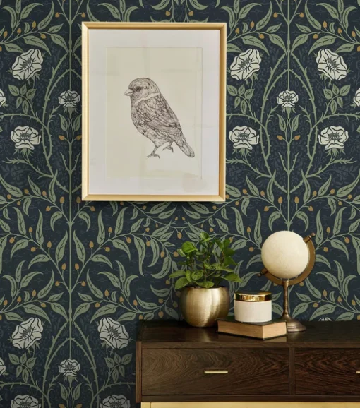 Seabrook Stenciled Floral Wallpaper - Navy Blue & Sage