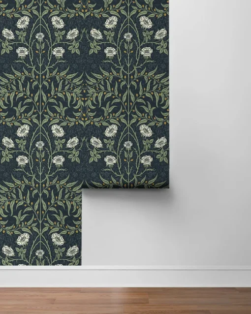 Seabrook Stenciled Floral Wallpaper - Navy Blue & Sage