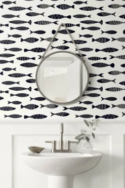 Seabrook Summer House Bay Fish Wallpaper - Black and White