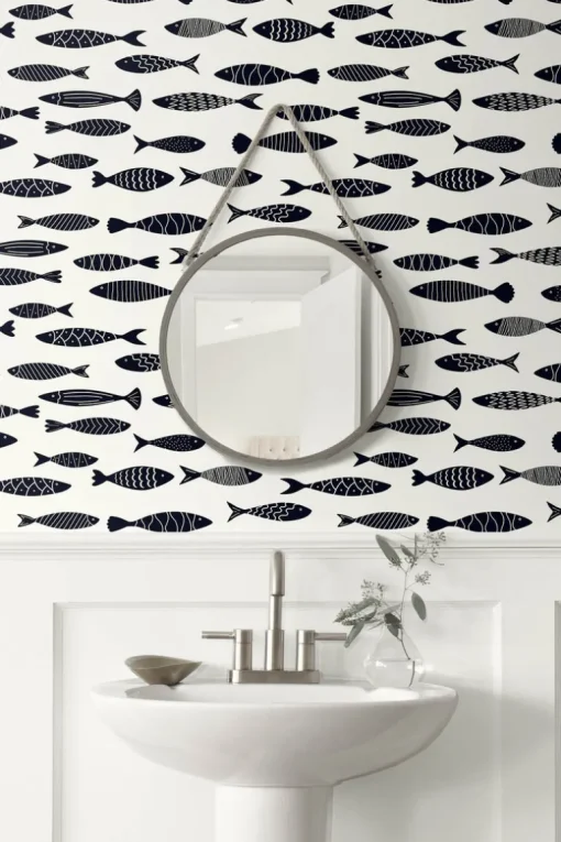 Seabrook Summer House Bay Fish Wallpaper - Black and White