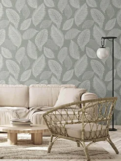 Seabrook White Heron Tossed Leaves Wallpaper - Charcoal Linen