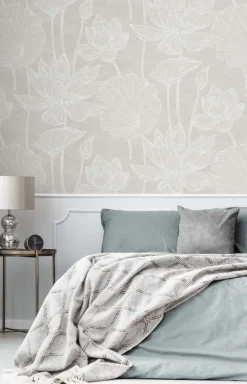 Seabrook White Heron Water Lilies Wallpaper - Antique Pearl
