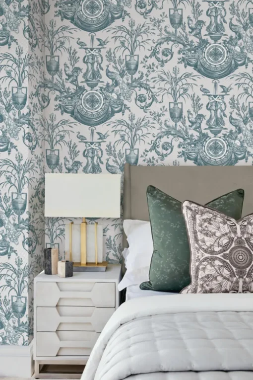 Toile Resource Library Avian Fountain Toile Wallpaper - Blue