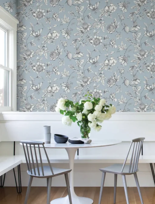 Toile Resource Library Passion Flower Toile Wallpaper - Blue