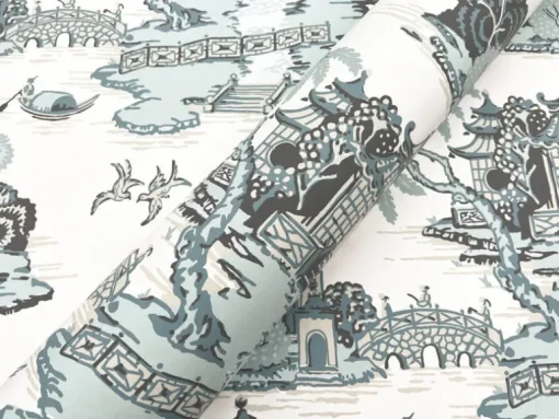 Toile Resource Library Pagoda And Sampan Scenic Wallpaper - Blue