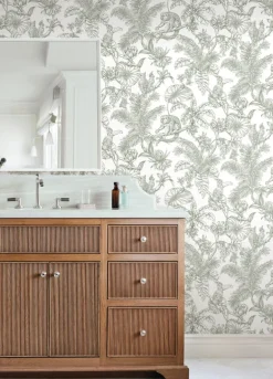 Toile Resource Library Tropical Sketch Toile Wallpaper - Green
