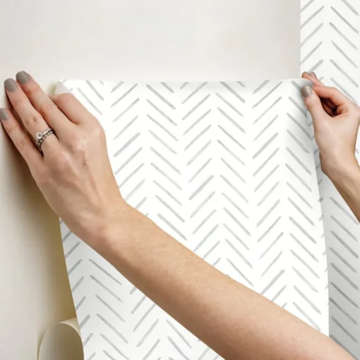 Watercolor Botanicals Painted Herringbone Peel & Stick Wallpaper - Fog