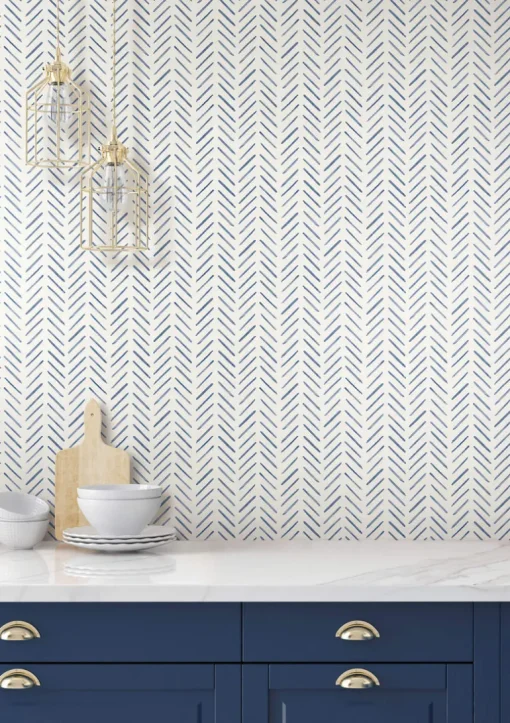 Waters Edge Resource Library Painted Herringbone Wallpaper - Navy